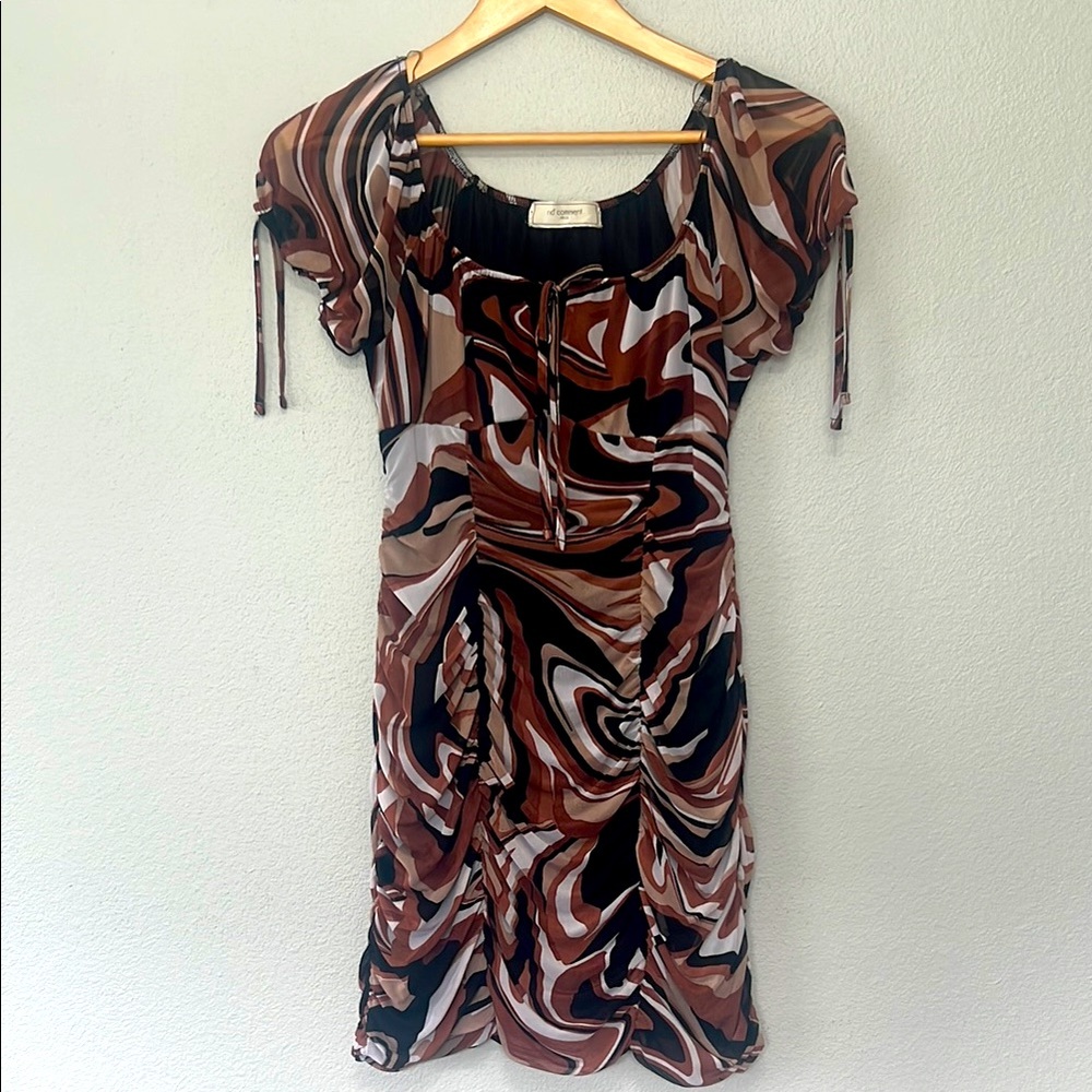 Brown and Black Ruched Tie Front Mini Dress